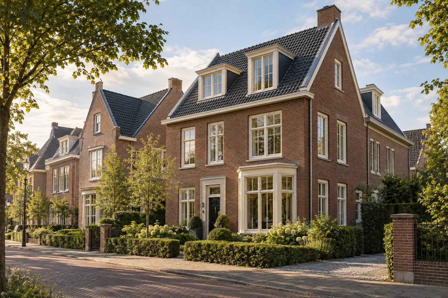 Nederlandse nieuwbouwwoningen met bakstenen gevels en lichte kozijnen