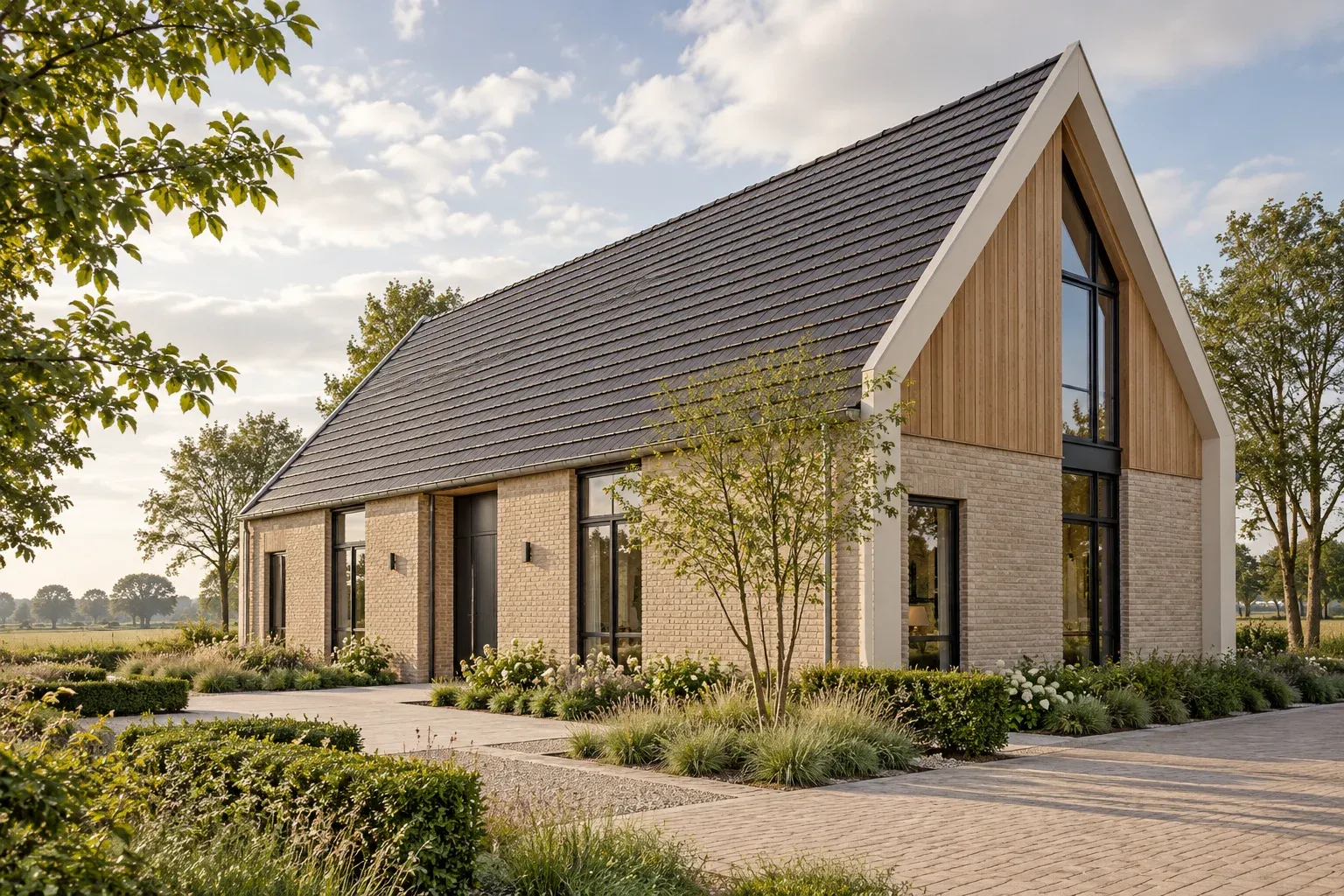 Moderne schuurwoning met zandkleurige bakstenen, houten gevelbekleding en lichte daklijsten