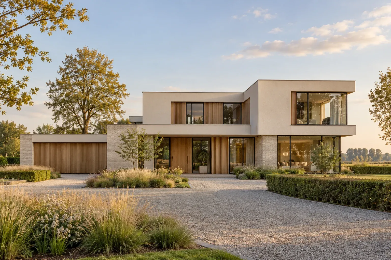 Moderne villa met plat dak, zandkleurige gevel en houten accenten